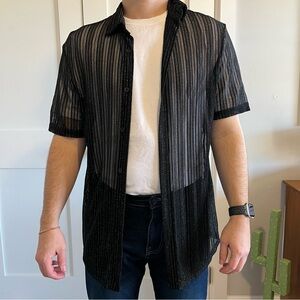 Black & Silver Sheer Striped Short Sleeve Shirt Size Small